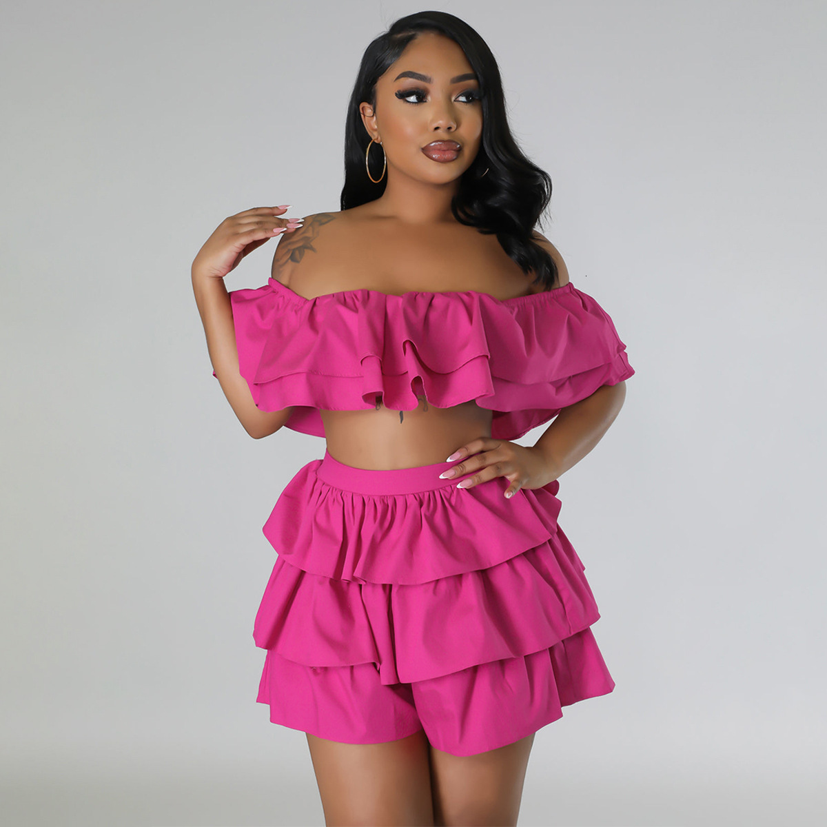 

Women s Two Piece Pants 2023 Summer Casual Women Sexy Set Outfit Fashion Solid Color Ruffle Crop Top Elegant Office Pleated Shorts Suit Female 230414, Black