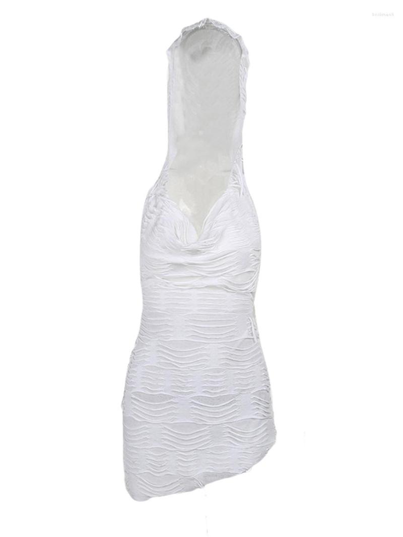 

Casual Dresses Women Knitting Hood Tank Dress Solid Color Sleeveless U-Neck Ripped Irregular Hem Fashionable Short, White