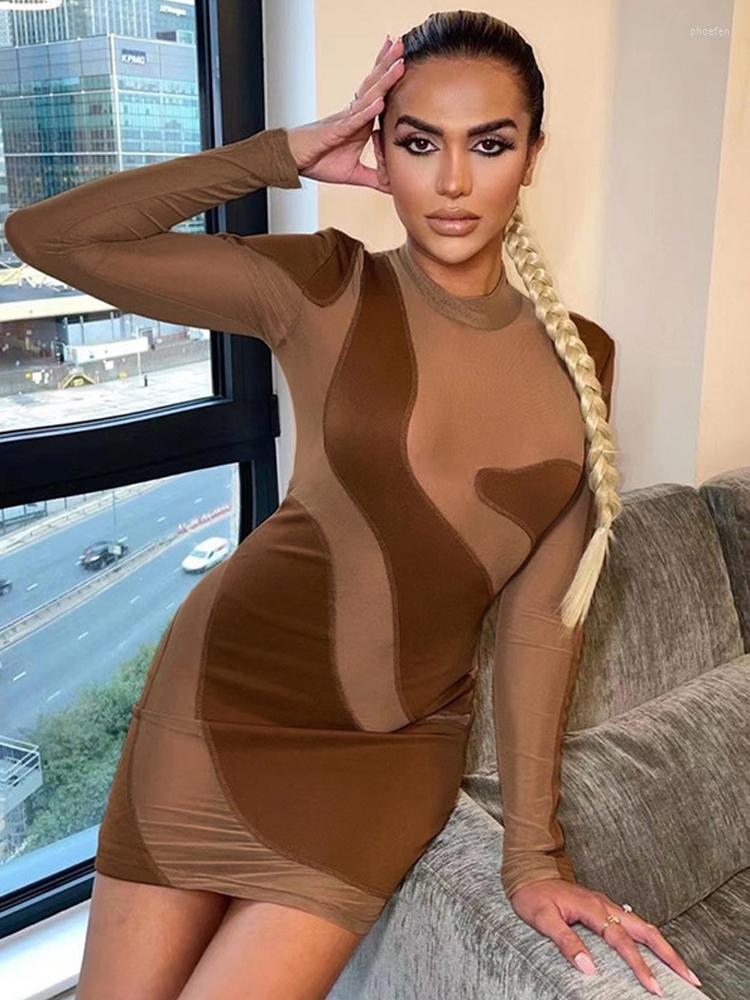 

Casual Dresses UKCNSEP High Stretch Patchwork Mesh Perspective Sexy Dress Women 2023 Bodycon Mini Autumn Elegant Party Vestido, Brown
