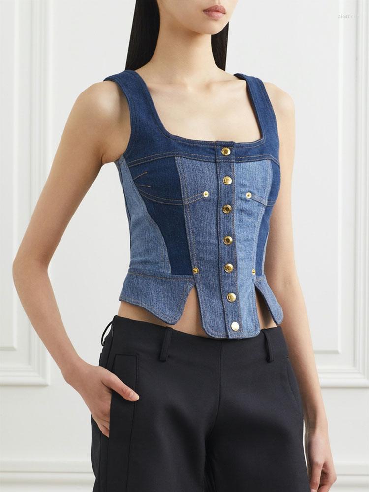 

Women' Tanks 2023 Summer Fashion Hem Split Color Patchwork Denim Vest Tops Designer Women Sleeveless Button Cropped Jeans Tank Top ZN251, Blue