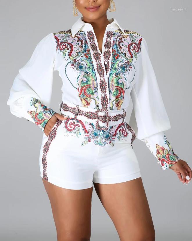 

Women' Tracksuits Vintage Tribal Print Long Sleeve Button Down Shirt & Shorts Set Europe America Daily Casual Summer Fashion Two Piece