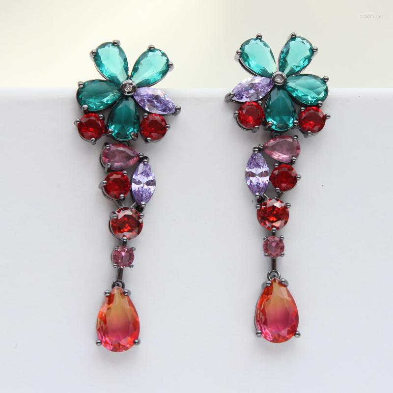 

Dangle Earrings Colorful Flower For Women 2023 Zircon Luxury Jewelry Evening Party Drop Gift Female