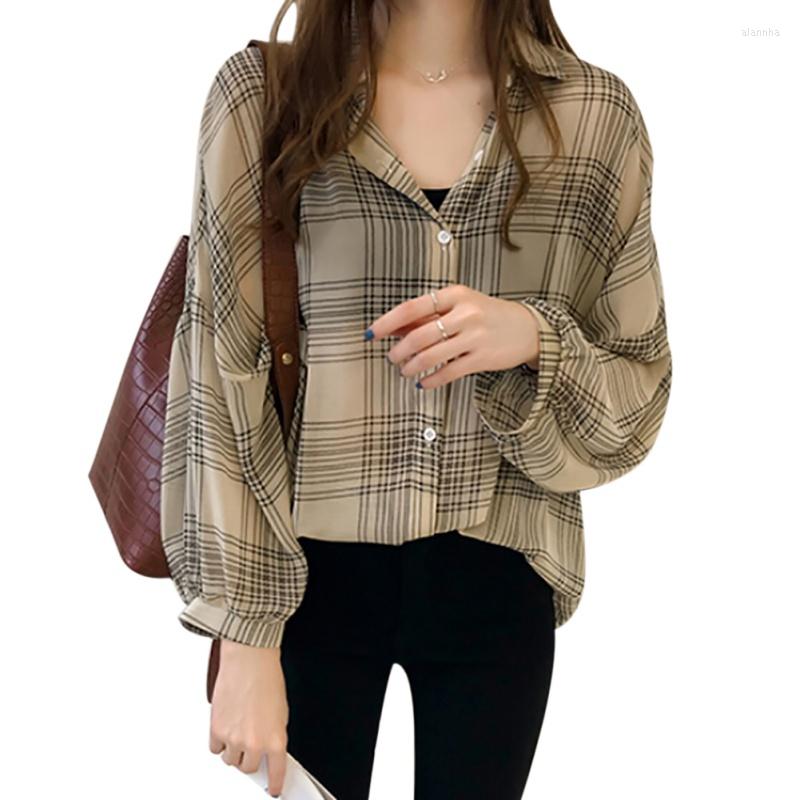 

Women's Blouses Women Plaid Turn Down Collar Shirt Autumn Loose Blouse Long Sleeve Button Tops, Beige