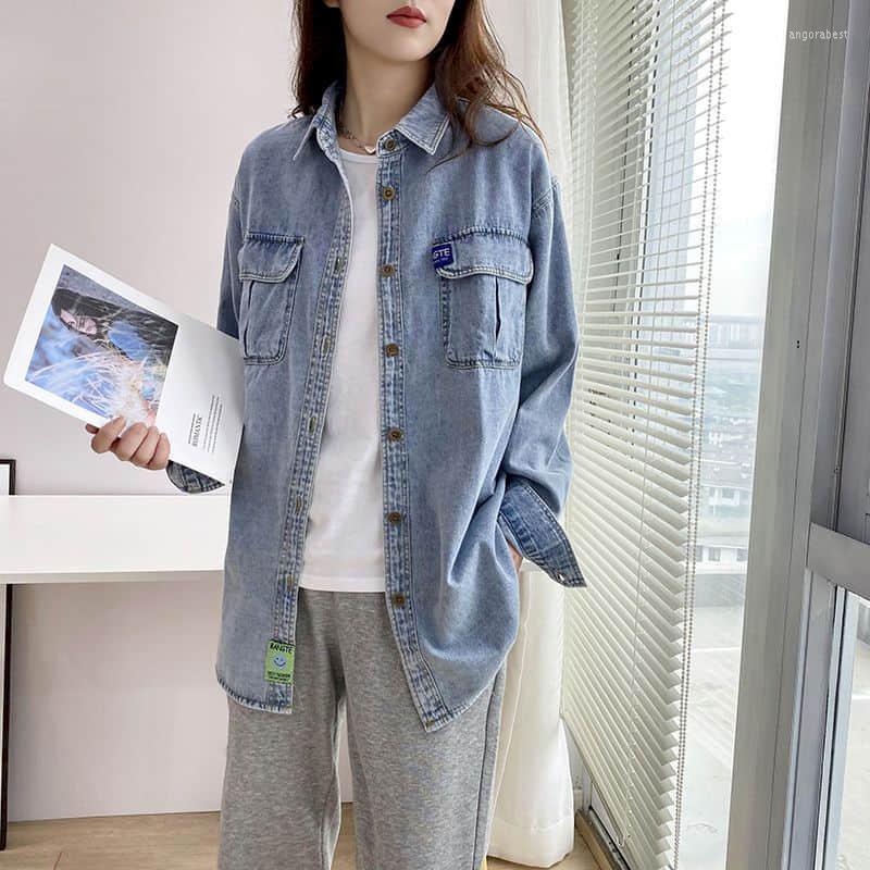 

Women's Blouses Oversize Denim Shirts And Women Tops Long Sleeve Loose Casual Clothes For, Blue
