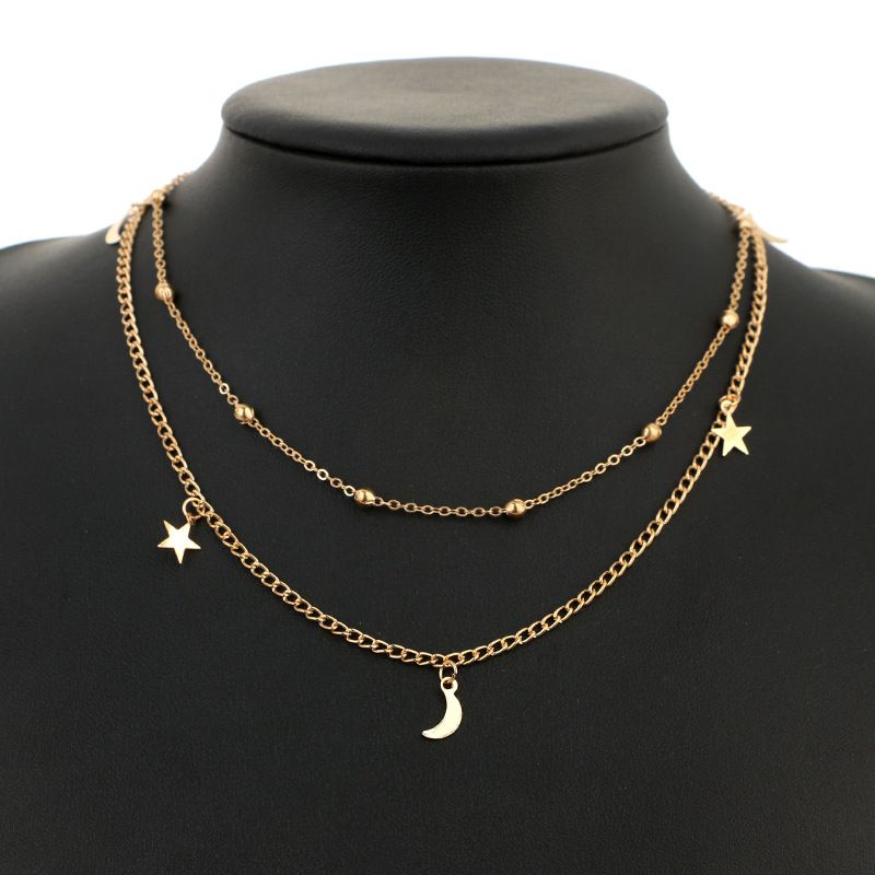 

Dainty Simple Gold Color Moon Star Necklace Double Layer Beads Tassel Clavicle Chain Choker for Women Romantic Boho Jewelry Gift
