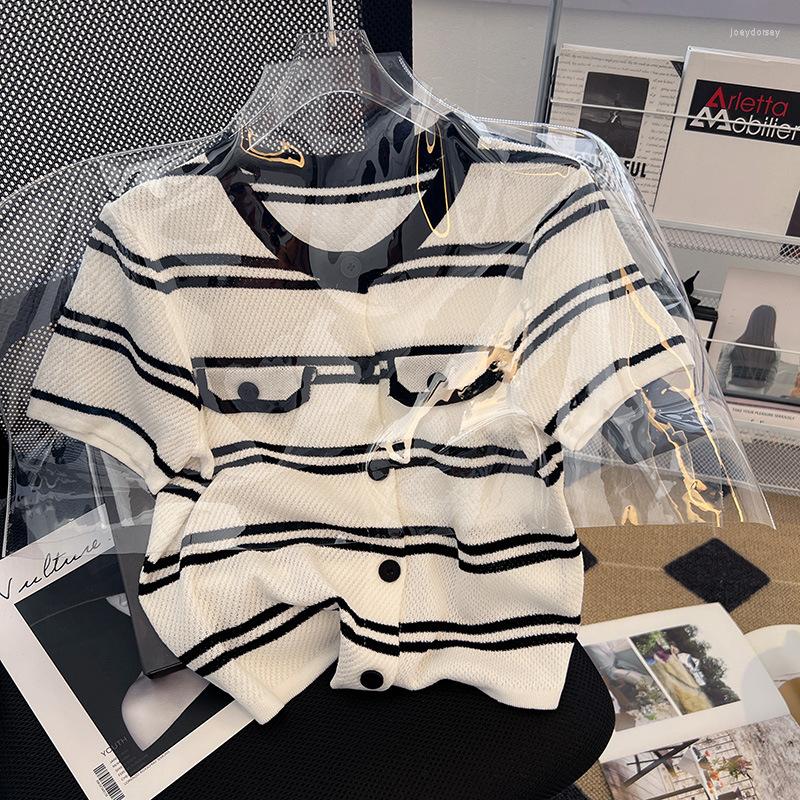 

Women's Knits Vintage Patchwork Striped Cardigan Women Short Sleeve Knitted Tops Korean Fashion Tees 2023 Summer, Beige