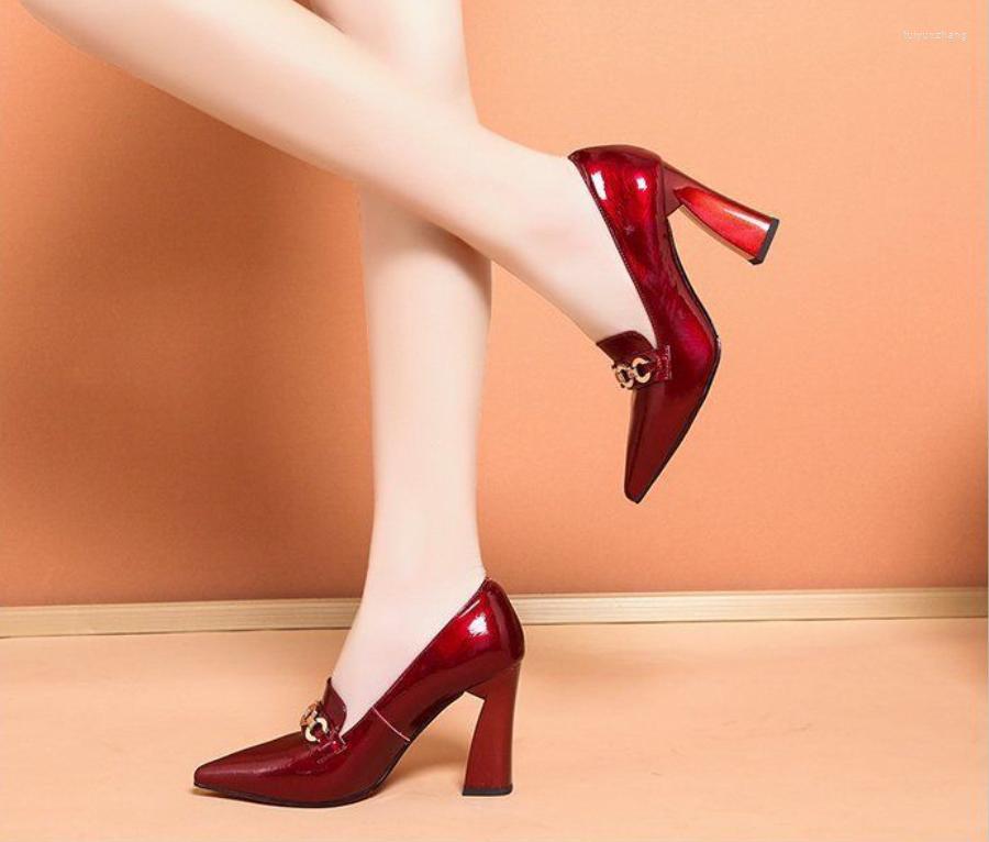 

Dress Shoes 2023 Fashion High Heel Pointed Shallow Mouth Women's Black Leather Chain Square