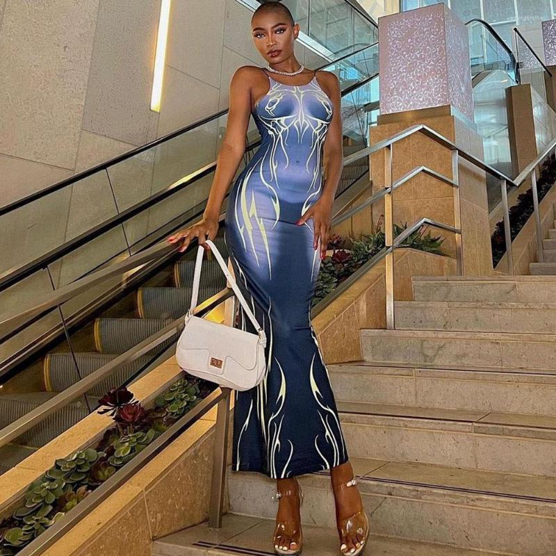 

Casual Dresses Slim-Fitting Back Shaping Women' 2023 Summer Printed U-Neck Strap Tight Sexy Long Dress, Blue