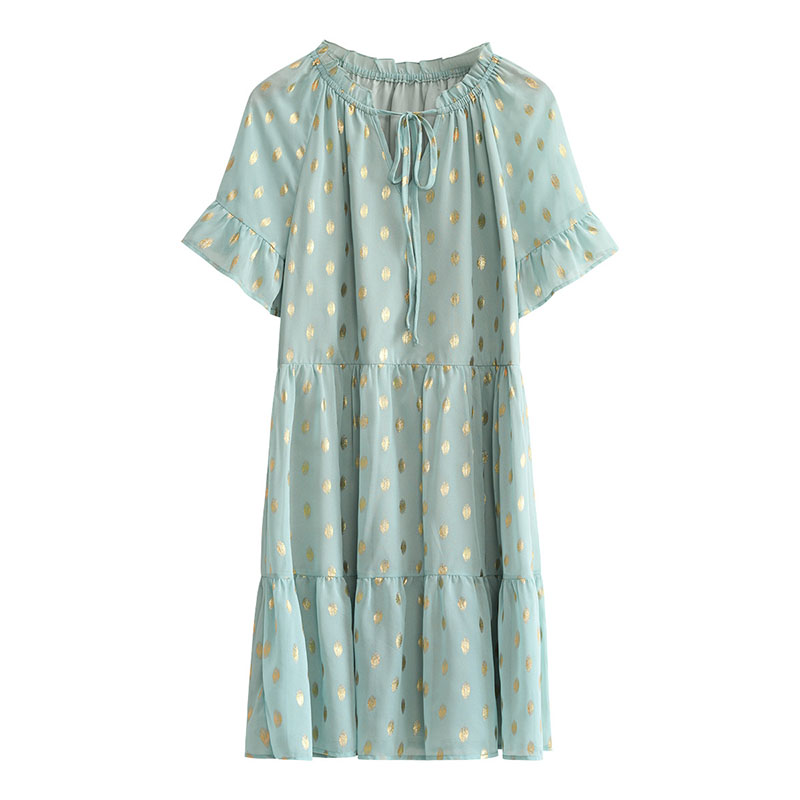 

V-neck A-line Women' Casual Dresses Pullover High Waist Mini Short Length Flare Short Sleeves Sashes Paneled Ruffles Basic Style Gold Stamping Polka Dot Spring Summer, Black