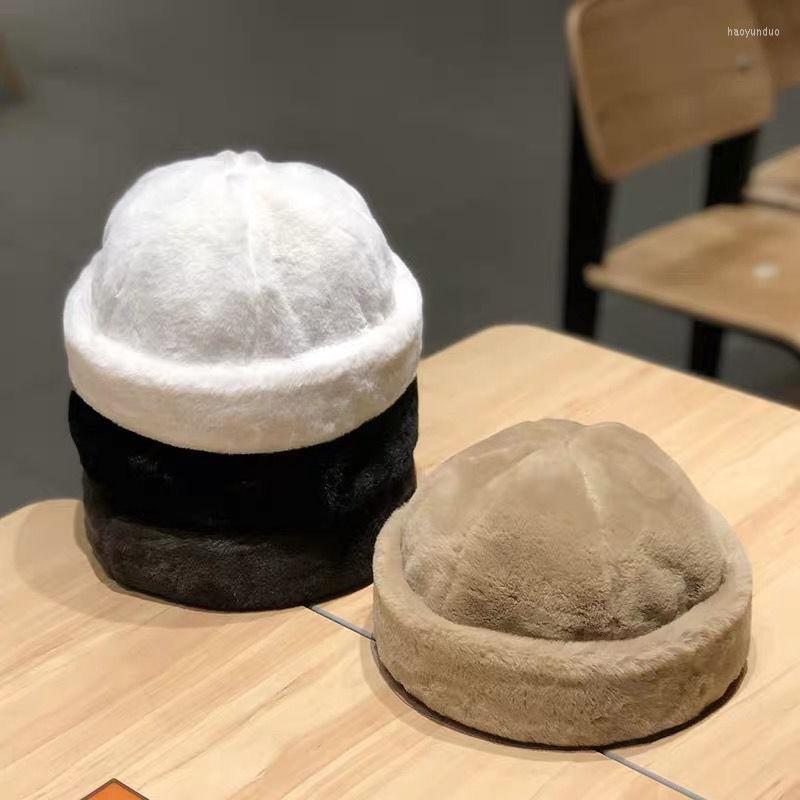 

Berets Autumn Winter Korea Design Soft Fur Women Plush Warm Landlord Hat Melon Beret Female, White
