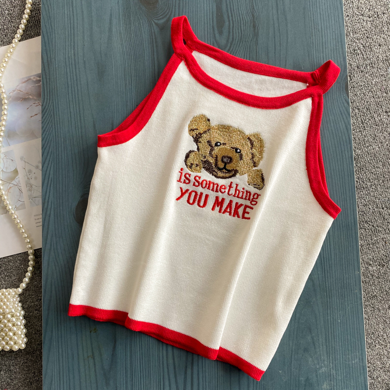 

Camisoles Tanks Halter Neck Off shoulder Knitted Cropped Tank Tops Female Embroideried Bears Sleeveless T shirts Tees Camisole Women 230413, Beige