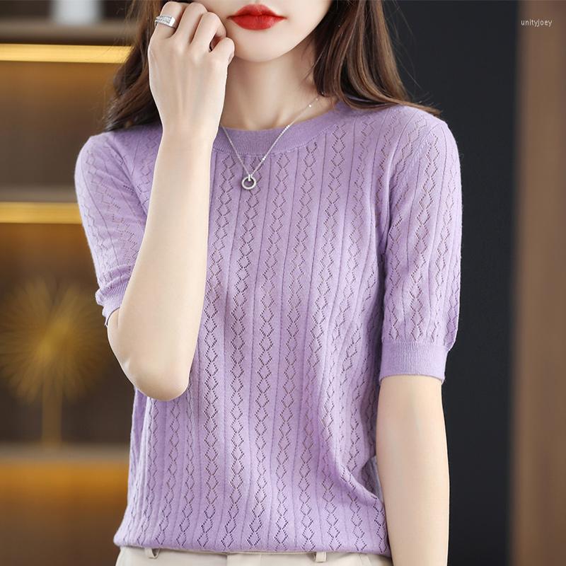 

Women' T Shirts Women' T-shirt Summer Cotton Pullover Short Sleeve Casual Solid Color Hollow Knitted Top Loose Round Neck T-Sh, White
