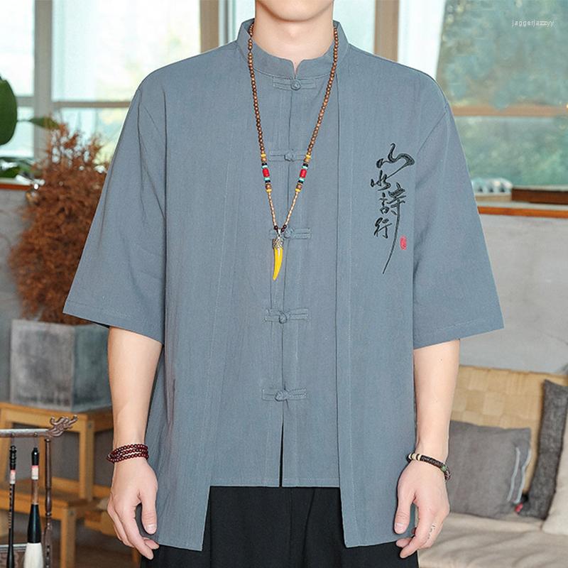 

Men's Casual Shirts 2023 Mens Linen Shirt Sleeve Knot Button Chinese Embroied Loose Summer Henley Fashion Male Clothes XXXXXL, Navy linen shirt men