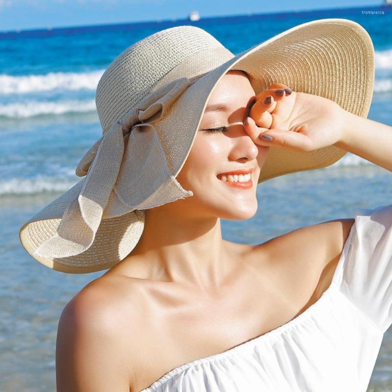

Wide Brim Hats Outdoor Bowknot Beach Cap Sun Panama Straw Hat, Blue