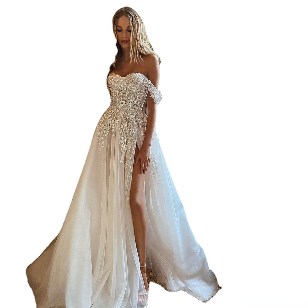 

Sevintage Boho Wedding Dresses Crystal Beading Off the Shoulder Lace Appliques A-Line Wedding Gown Sweetheart Bridal Gown, White