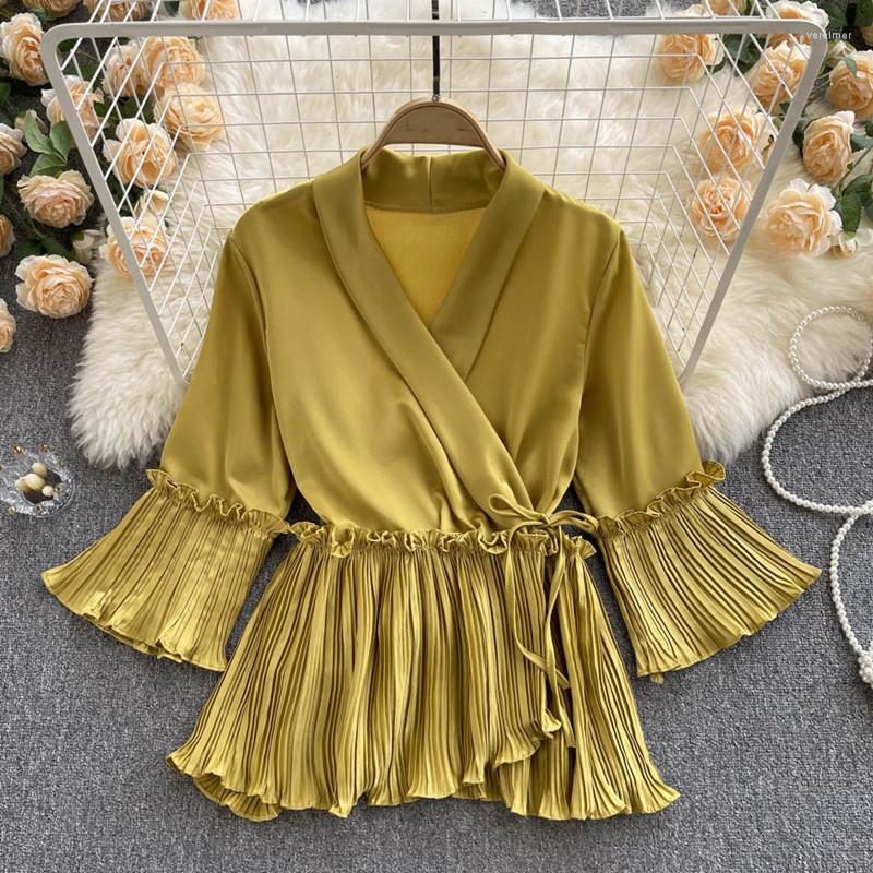 

Women's Blouses V-Neck Flare Three Quarter Sleeve Drawstring Lace-Up Ruffles Pleated Shirt Autumn Female Solid Color Women's Clothing, Gray