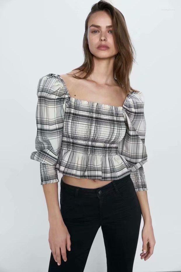 

Women' Blouses 2023 Arrival Spring Summer Square Collar Long Sleeve Blouse Shirt Women Vintage Sexy Fashion Plaid Print Crop Top Female, Gray