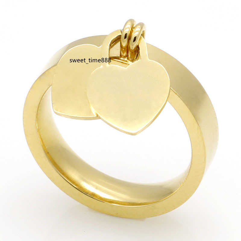 

fashion jewelry 316L titanium ring gold-plated heart-shaped rings T letter letters double heart female ring for woman