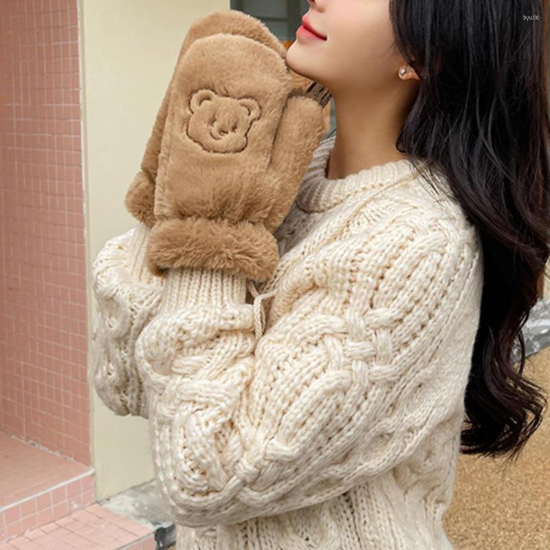 

Scarves 2Pcs/Set Embroidery Bear Pattern Hanging Rope Thickened Scarf Gloves Set Women Winter Solid Color Plush Mittens Costume