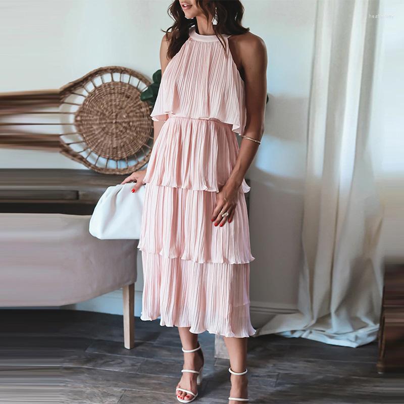 

Casual Dresses Fashion Halter Lace-up Chiffon Dress Summer Sleeveless Layered Ruffles Party Women Draped Beach Princess, 01 pink