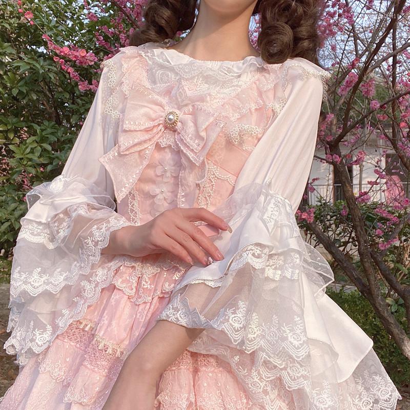 

Women's Blouses Kawaii Lolita Blouse Japan Style Soft Girl Cute Tops Summer Ruched Collar Ruffle Flare Lace Sleeve Chiffon White Shirts, White blouse