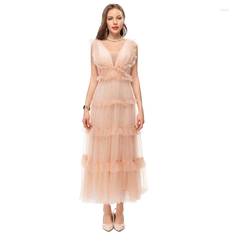 

Casual Dresses Sexy V Neck Bare Back Sleeveless Tulle Mesh Party Dress Beige/Pink