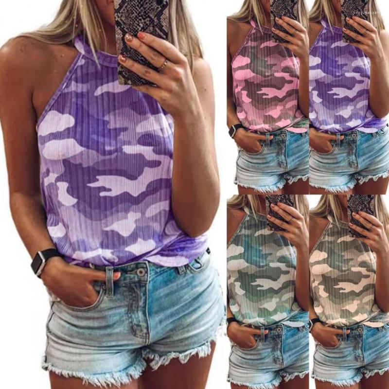 

Women's Tanks Summer Vest Halter Sweat Absorbent Breathable Sleeveless Camouflage T-shirt Blouse For Shopping, Green