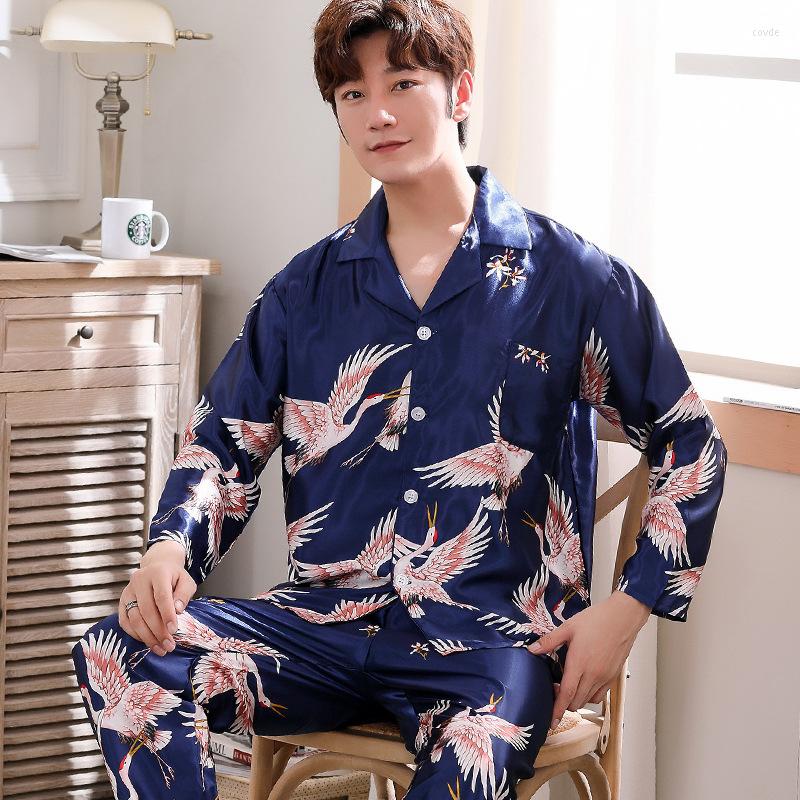 

Men's Sleepwear Full Casual Autumn Nightwear Print Loose Men Male Pajamas Sleeve Pyjamas Cardigan Spring Ice Suits Silk Homewear, Navy blue-feather
