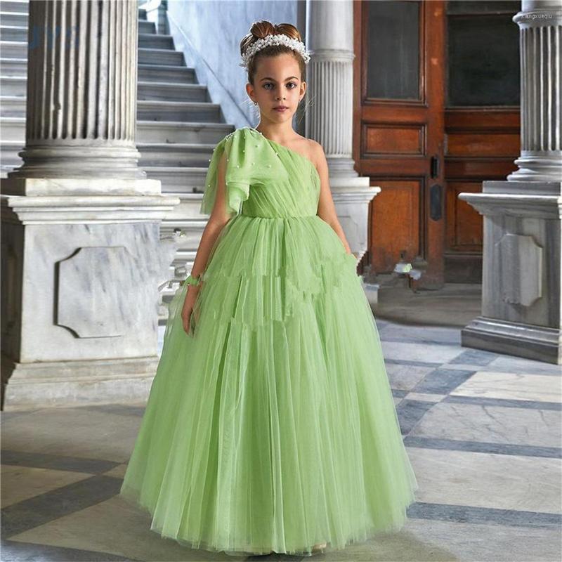 

Girl Dresses Wedding Ball Party One-Shoulder Big Collar Pearl Soft Tulle Bow Child Bridesmaid Dress First Communion, All white