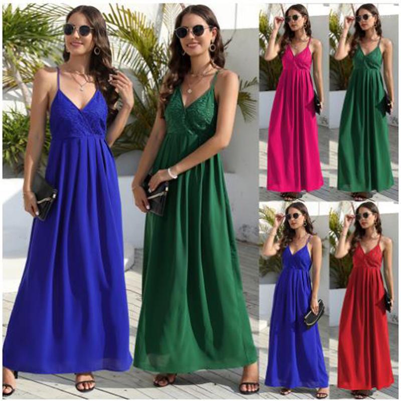 

Casual Dresses Summer Women' Lace Cross Suspender Slim-fit Temperament Long Skirt Factory Custom Street Fashion Black Blue Dress -2XL