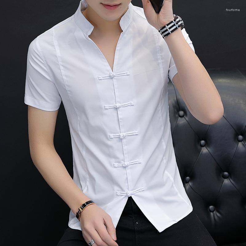 

Men's Casual Shirts 2023 Chinese Style Men Buckle Standing Collar Short Sleeve Slim Fit Businessn Social Party Tuxedo Blouse, Black