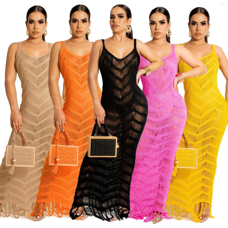 

Casual Dresses Knit Rib Tassel Beach Wear Long Dress For Women Summer Sexy Sling V Neck See Through Club Party Robe Femme Holiday Outfits, Yellow dress