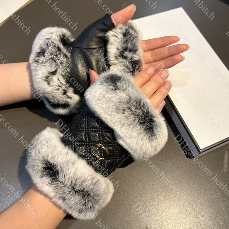 Womens Rabbit Hair Half Finger Gloves Designer Leather Gloves For Women Winter Cycling Warm Gloves Soft Comfort Ladies Christmas Gift-image-920891084