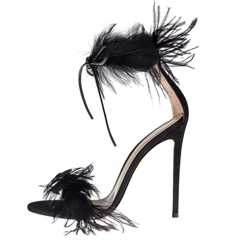 

Sandals Sexy Feather Women's Summer Open Toe High Heeled Stilettos Fashion Runway Lace Up Women Slingback Wedding Party Shoes 230406, Black