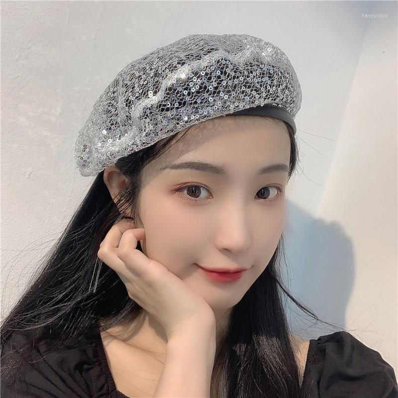 

Berets Mesh Sequin Beret Female Summer Thin Section Breathable British Hollow Painter Cap Temperament Elegant Octagonal, White