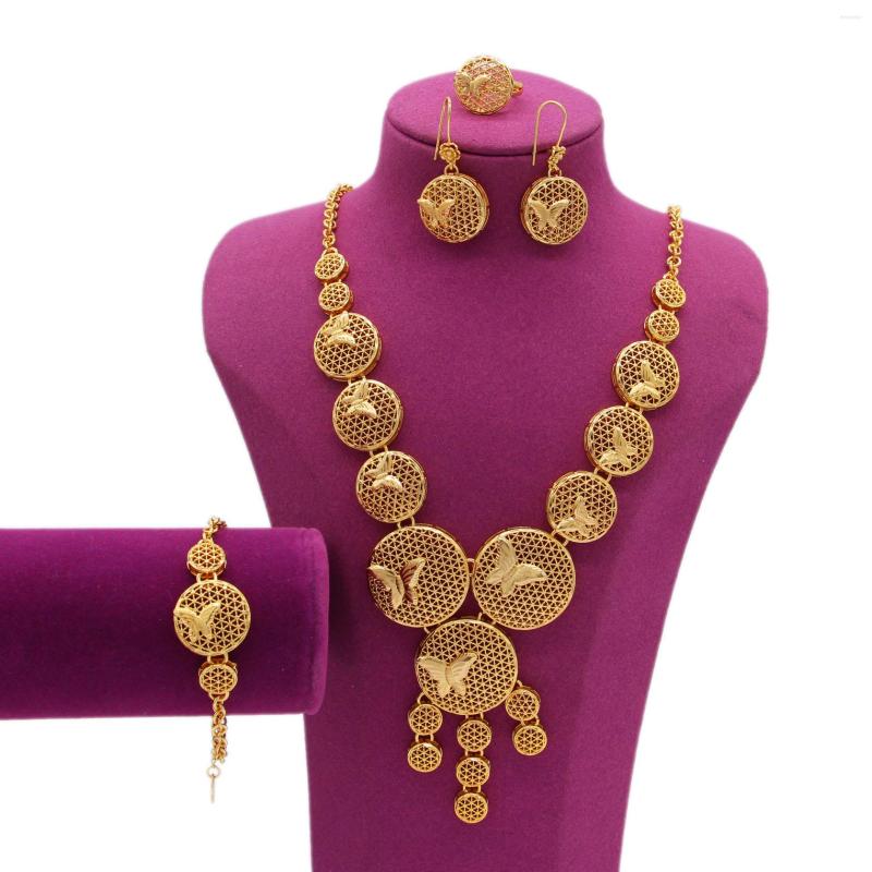 

Necklace Earrings Set 2023 Luxury Gold Color/Copper Bracelet Ring Jewelry For Women Bridal Wedding Dubai African Party Gifts, Picture shown