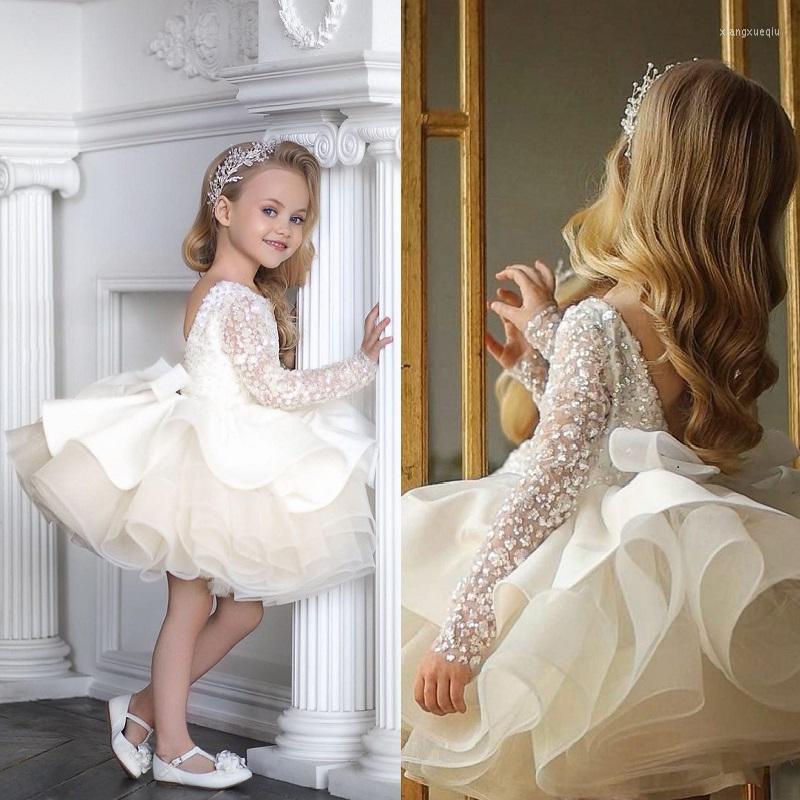 

Girl Dresses Long Sleeve Dress Sequined Flower Wedding Birthday Party Costume Elegant Lace Christmas Communion Clothes Formal Prom Gown, Blue