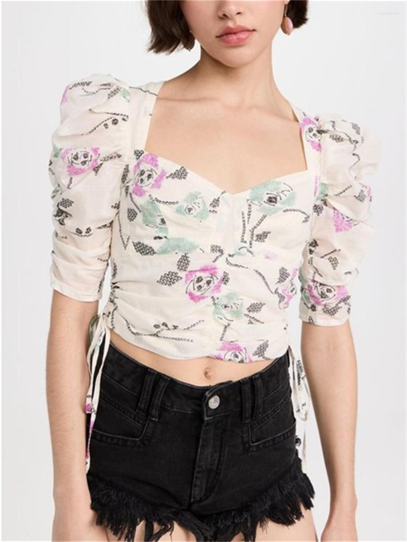 

Women's Blouses Cotton Women Short Blouse Floral Printed Drawstring Square Collar 2023 Summer Ladies Shirt
