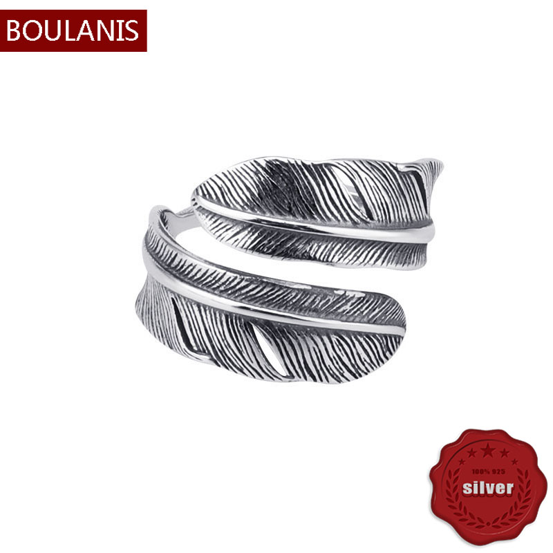 

S925 Sterling Silver Ring Personalized Fashion Feather Handcrafted Retro Style Couple Letter Shape Jewelry Lover Gift