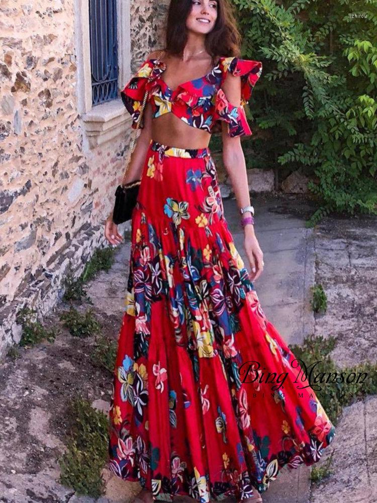 

Skirts 2023 Summer Women' Dress Vintage Elegant Print Flare Sexy Red Party