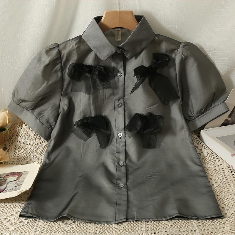 

Women's Blouses French Chic Elegant For Women Almighty Casual Butterfly Spliced Single Breasted Puff Short Sleeve Femme Shirts Blusas, Gray