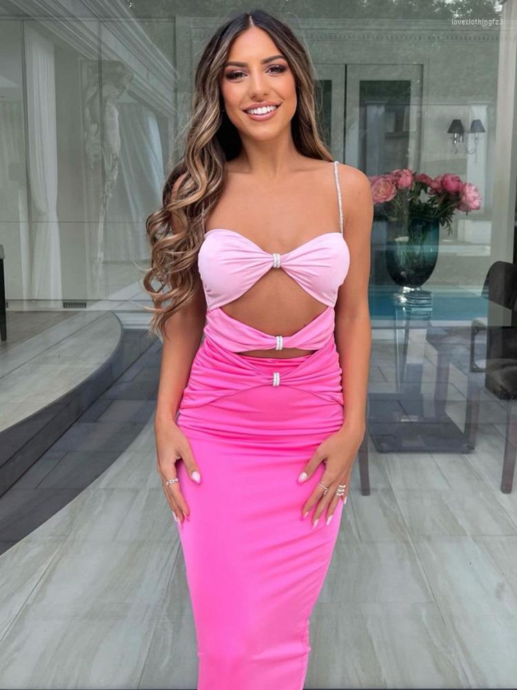 

Casual Dresses Mozision Elegant Hollow Out Sexy Maxi Dress For Women Robe Spaghetti Strap Sleeveless Long Ladies Party Bodycon Sundress, Pink
