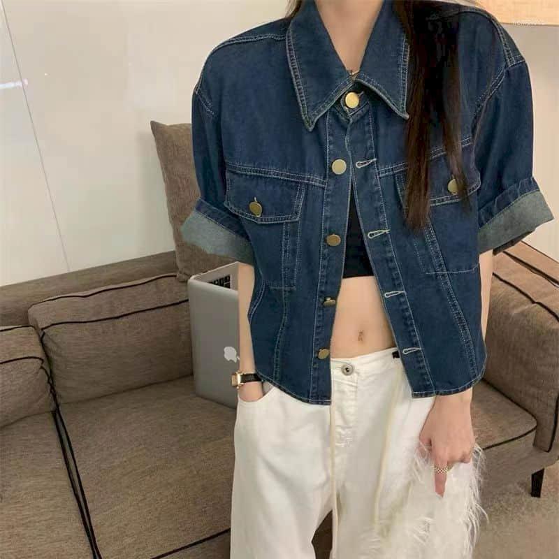 

Women's Blouses American Style Retro Short-sleeved Denim Shirt Jacket Women Spring Summer Loose Thin Top Blouse Shirts For Tops Casual
