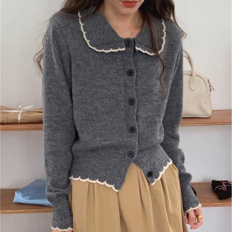 

Korean Style Color Matching Womens Sweaters Lace Lapel Long Sleeve Knitted, Yellow
