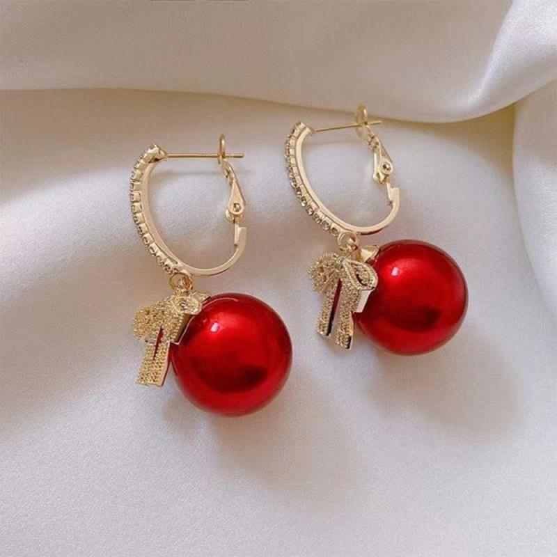 

Stud Earrings Fashion Crystal Bow Knot For Women Pearl Cherry Flowers Rhinestone Red Earring Girls Party Christmas Jewelry Gifts