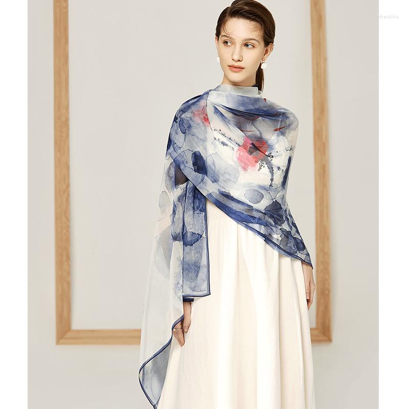 

Scarves Spring Ink And Wash Painting Ladies Elegant Silk Beach Sunscreen Gauze Shawl