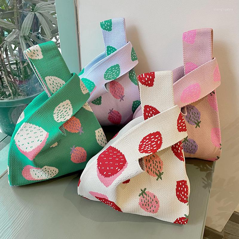 

Shopping Bags Knit Handbag Women Wrist Bag Korean Casual Wide Stripe Plaid Tote Foldable Eco Reusable Grocery Storage, Green