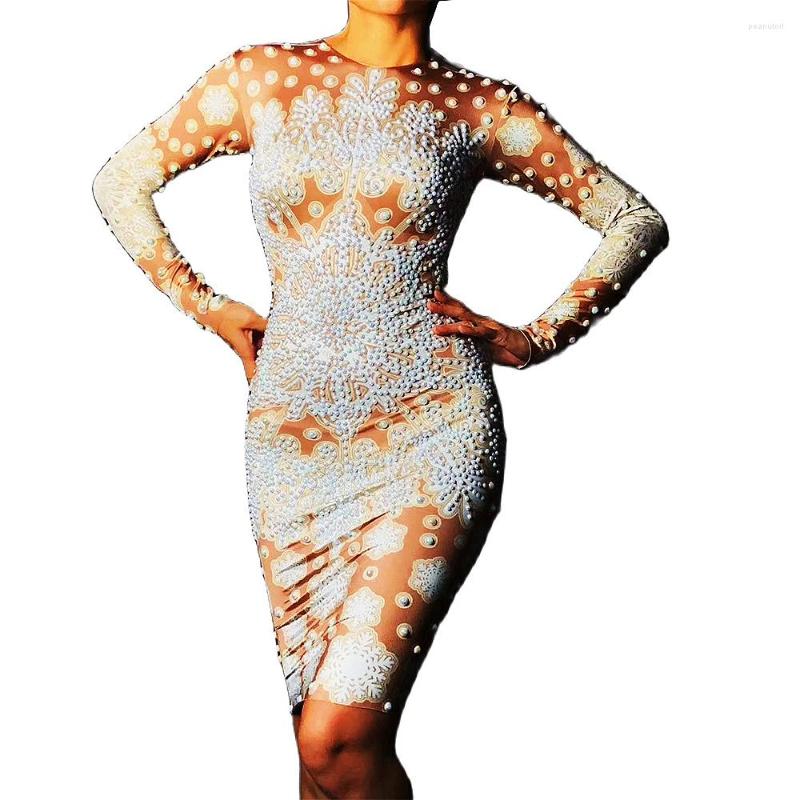 

Stage Wear Luxury Pearls Snowflake Print Women Bodycon Party Dress Long Sleeve Birthday Celebrate Dresses Nightclub Singer Costume, Nude
