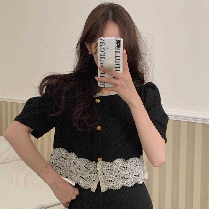 

Vintage Lace Patchwork Shirt: Metal Buttons, Puff Sleeves, Summer Ready, Black