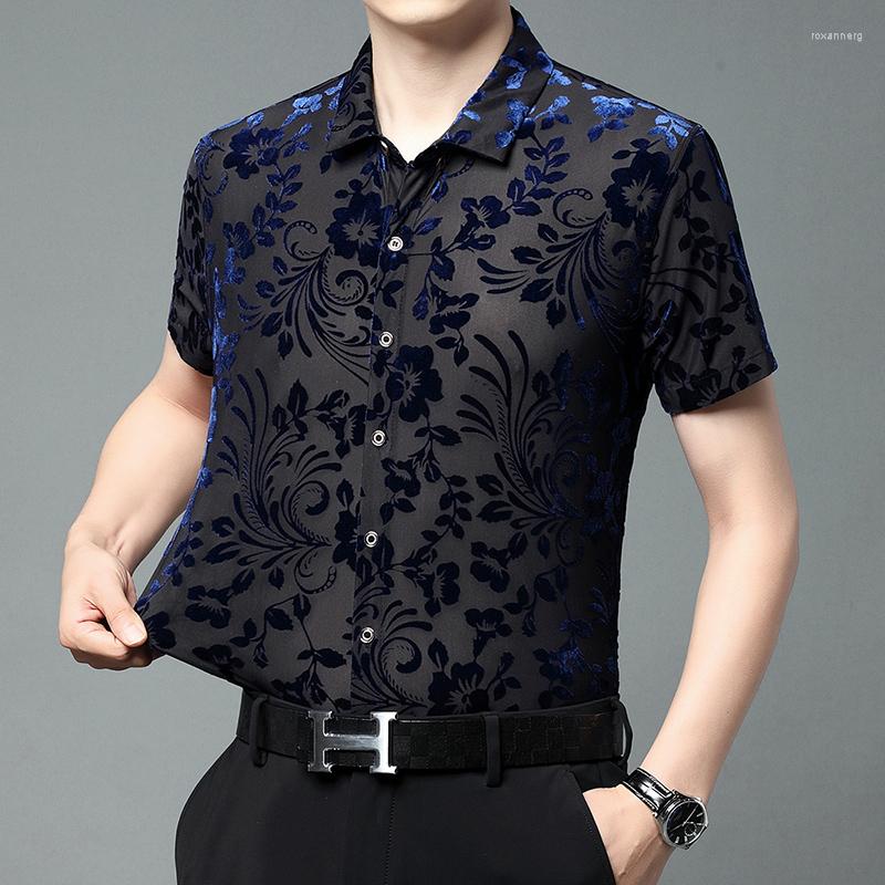 

Men's Dress Shirts 2023 Men's Short Sleeve Summer Sexy Elastic Prom Transparent Shirt Camisa Masculina Chemise Homme Flower Gold Velvet, Black